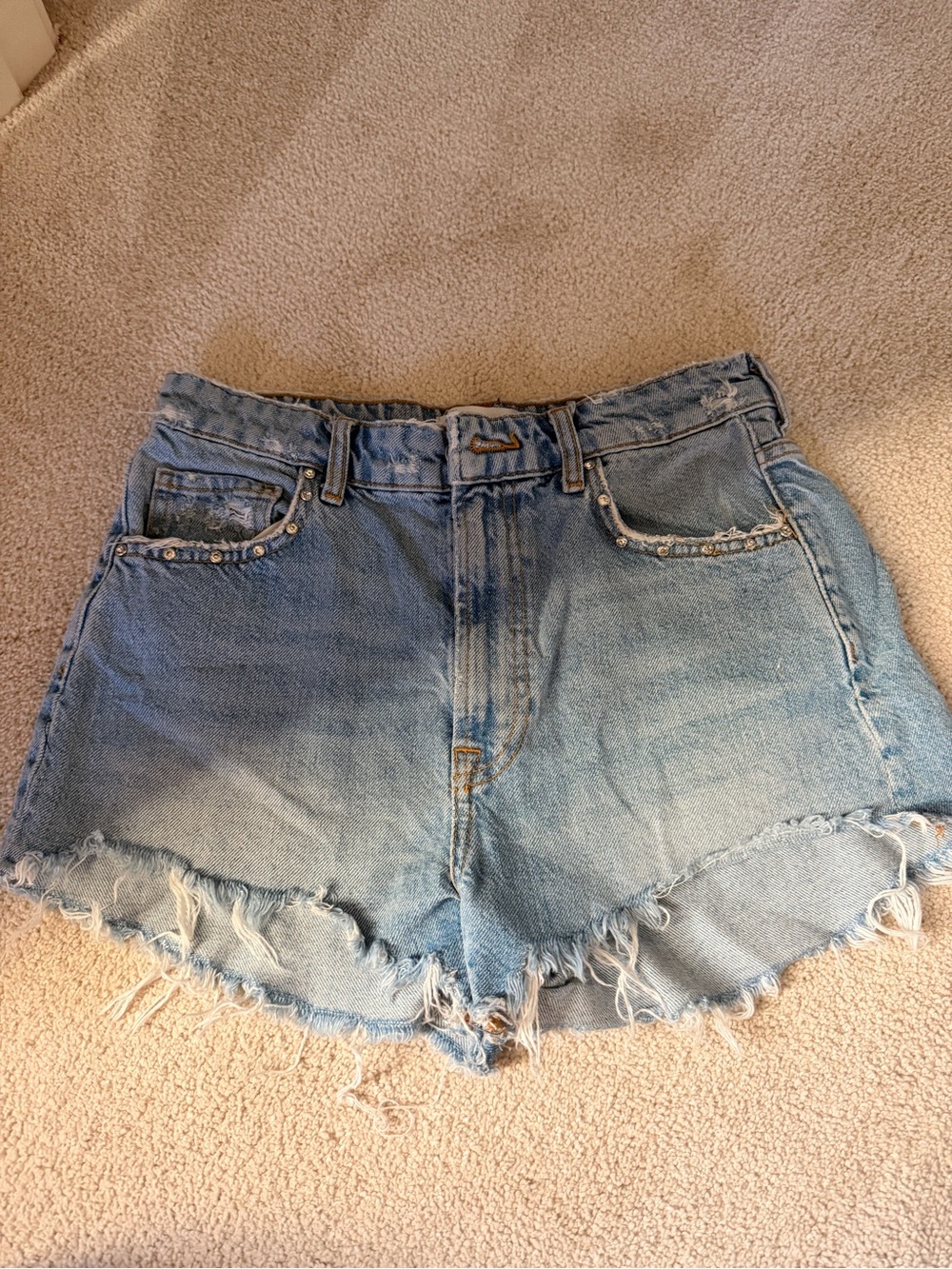 Zara High-Waist Rhinestones Light Blue Denim Shorts with Raw Hem